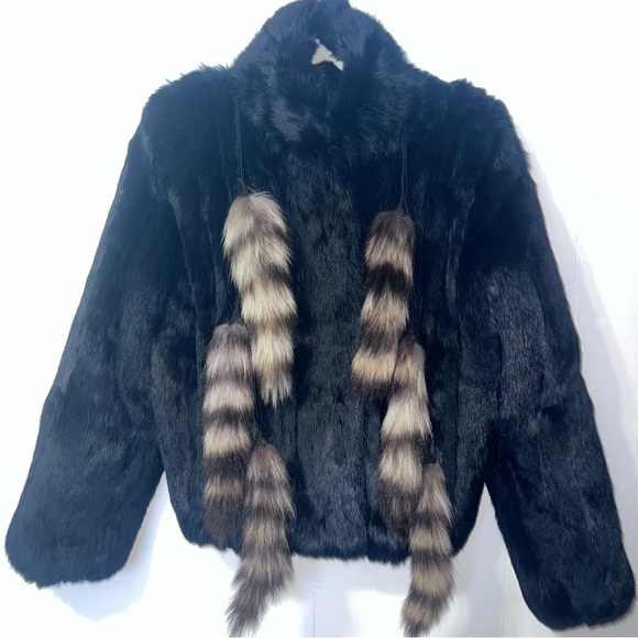 Rabbit Fur Zip Up Mob Wife Fur Coat With Tail Tassels Black M - Picture 7 of 15